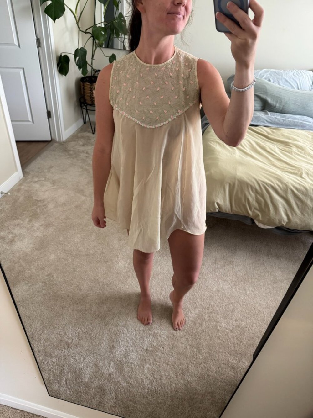 Vintage Saks Fifth Avenue Tan Sheer Babydoll Nightgown with Rosette Accents